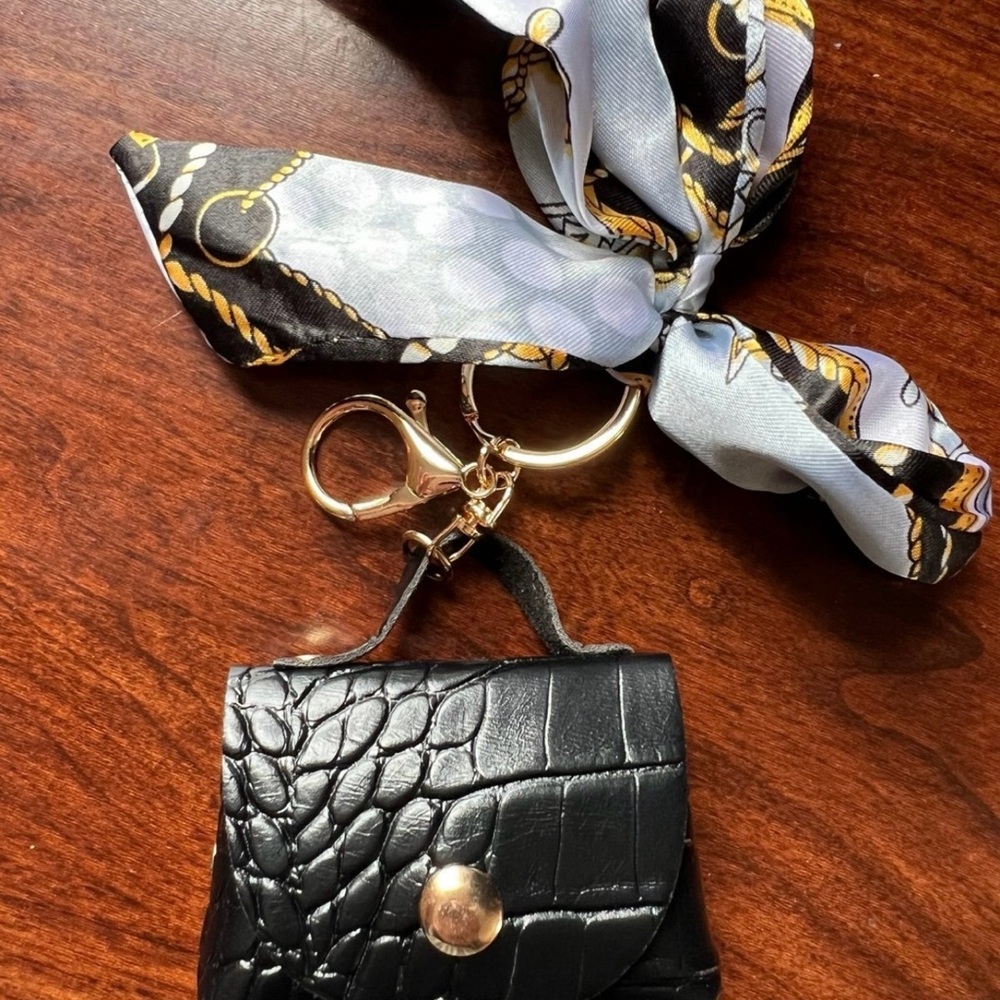 Black Croc-Embossed Keychain Pouch with Scarf Accent
